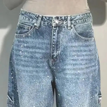 Women's High-Waisted Sparkly Wide-Leg Jeans – Streetwear Style
