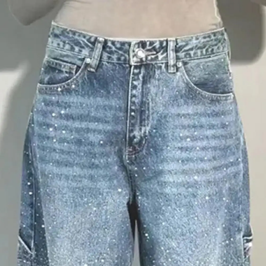 Women's High-Waisted Sparkly Wide-Leg Jeans – Streetwear Style