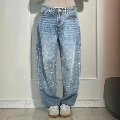Women's High-Waisted Sparkly Wide-Leg Jeans – Streetwear Style