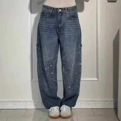 Women's High-Waisted Sparkly Wide-Leg Jeans – Streetwear Style